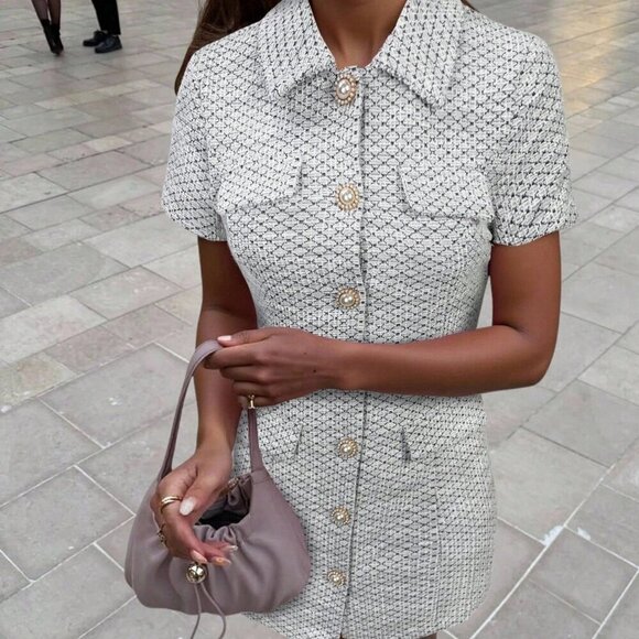 Elegant Women's Black and White Plaid tweed Short Sleeve mini Dress - Picture 1 of 6